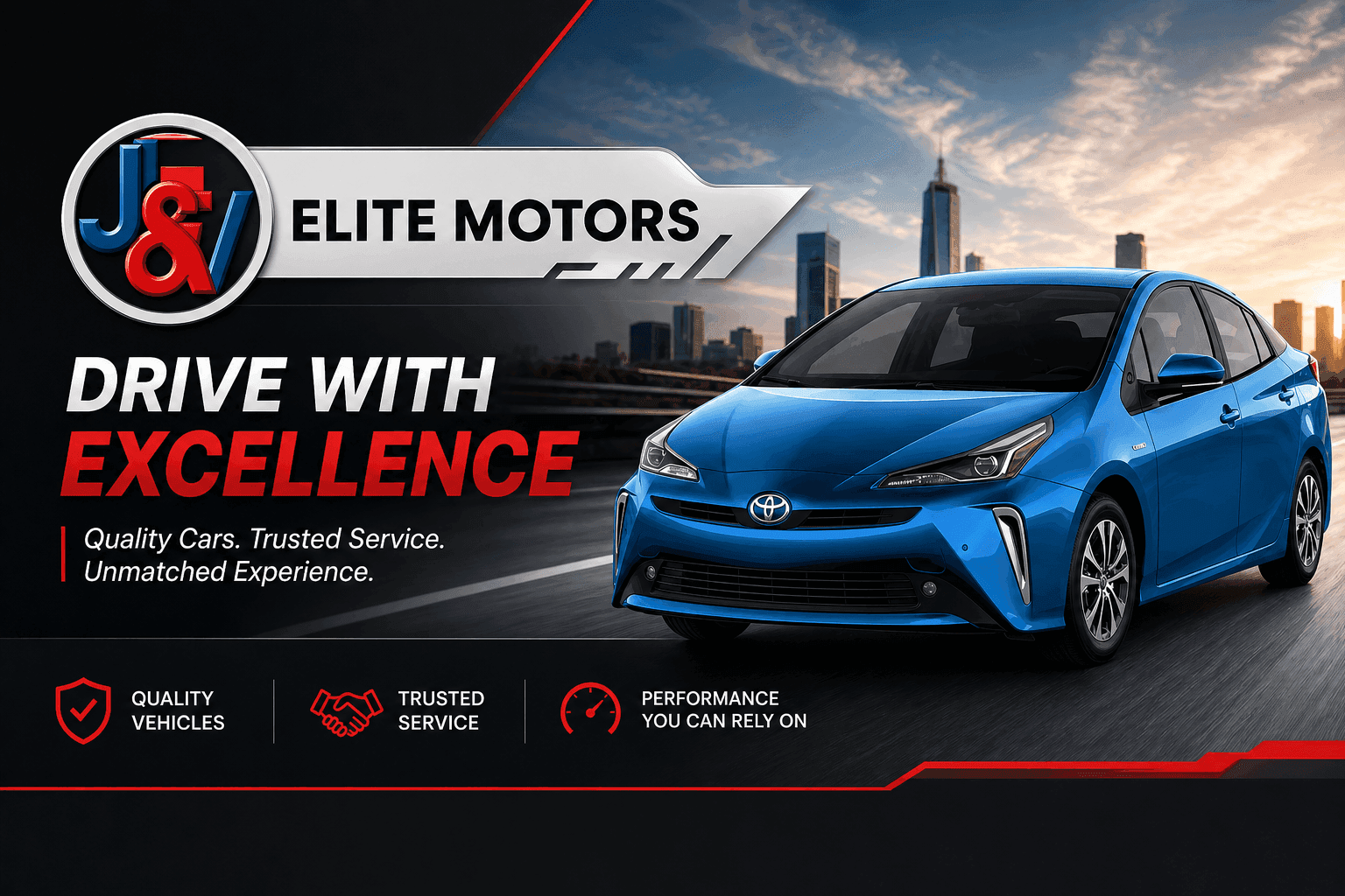 Branded imagery of the J&V Elite Motors showroom paired with an anonymised Google Search Console performance graph (no numbers visible).