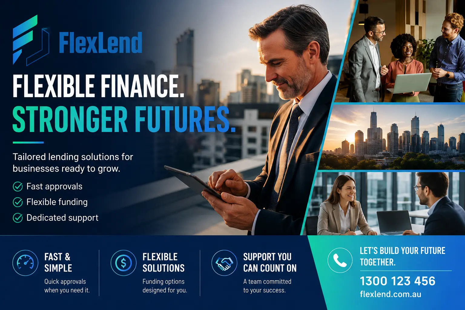 FlexLend website — homepage hero, Payload CMS editor, or desktop PageSpeed Insights summary for flexlend.com.au.