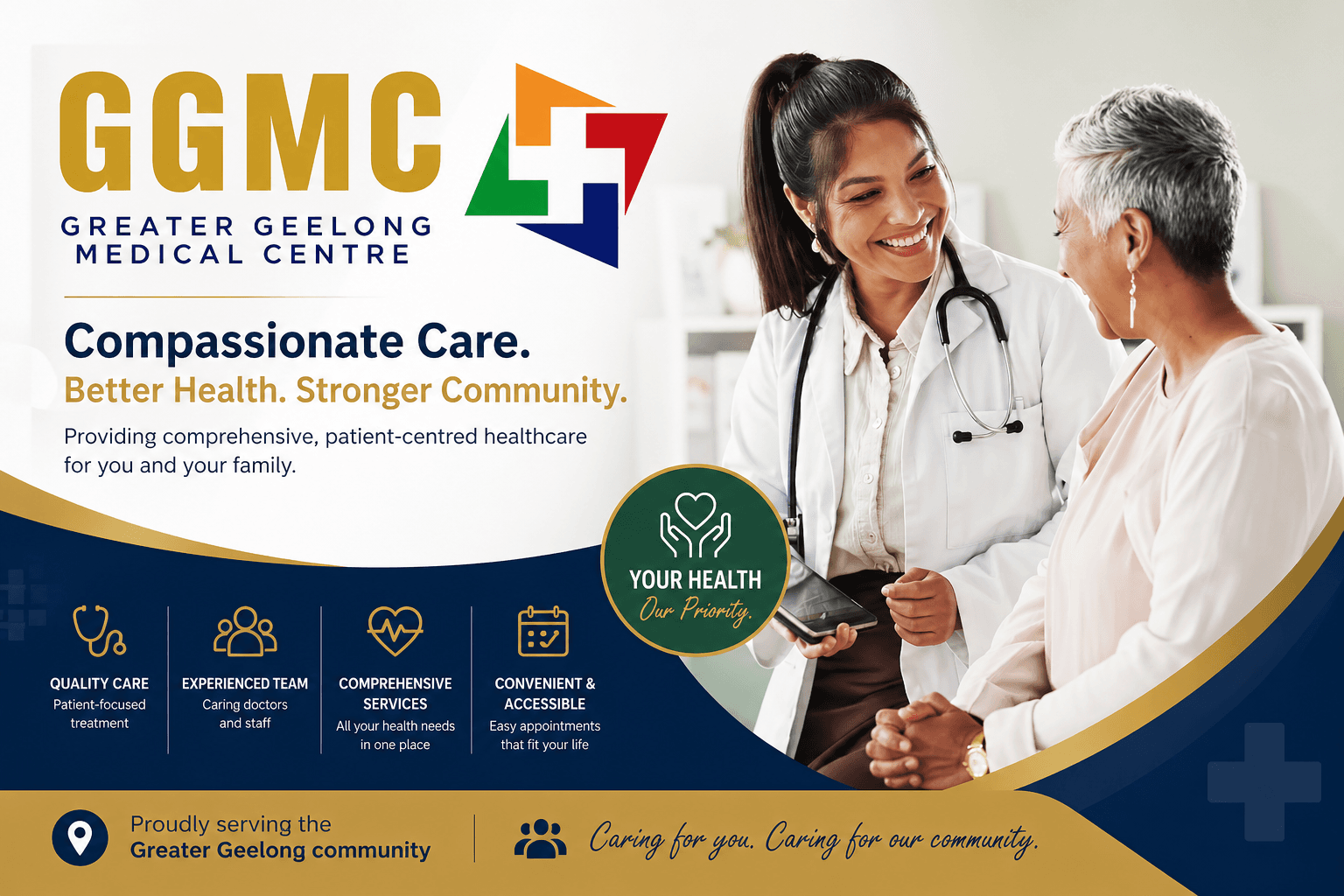 Before/after split: old Wix "Silvercare Clinic" homepage with OPENING SOON banner vs. new greatergeelongmc.com.au homepage with "Expert Care For Your Health First" hero, bulk billing callout and integrated HotDoc booking.