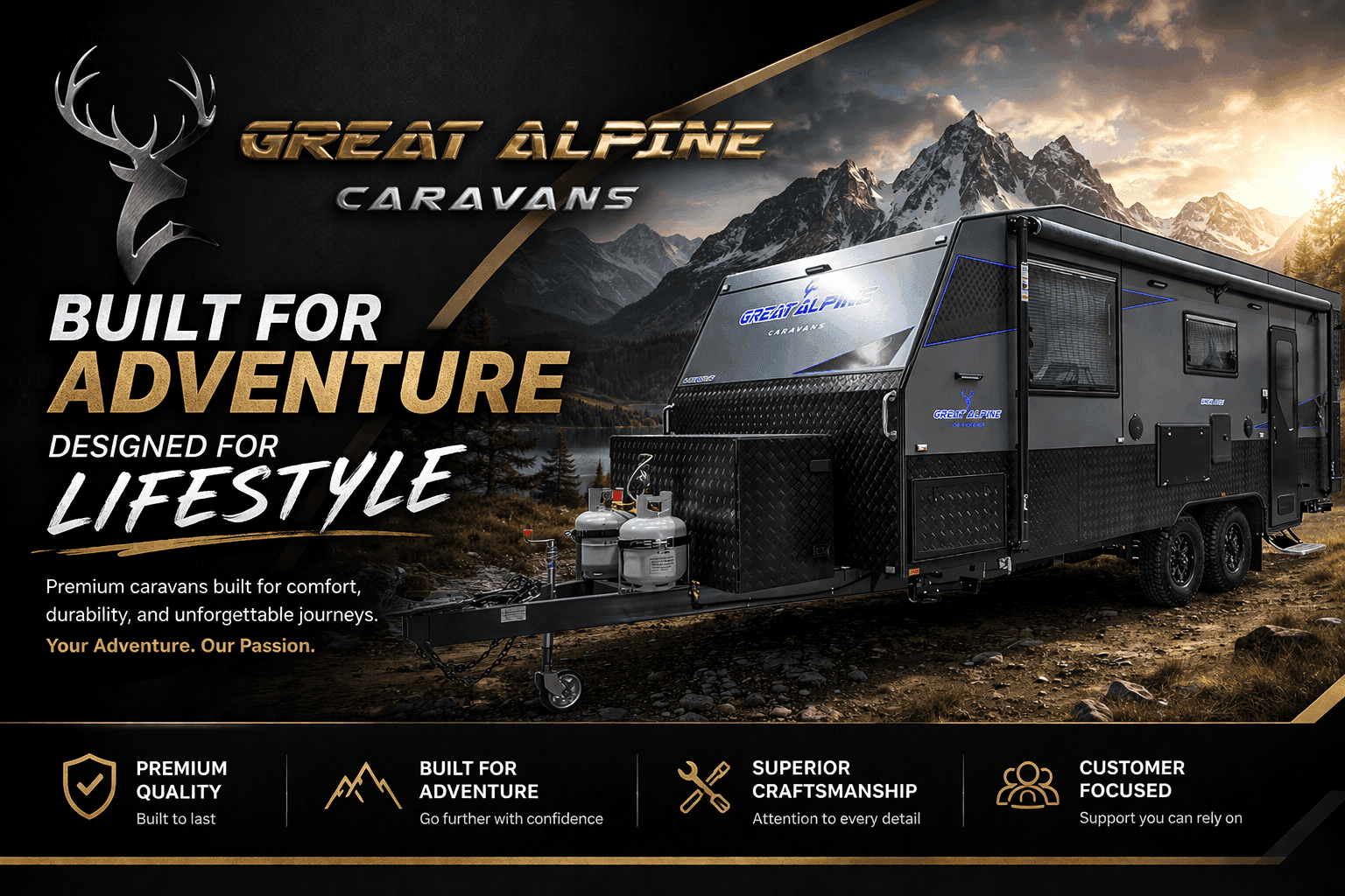 Great Alpine Caravans homepage, models catalogue, and PageSpeed Insights desktop capture — illustrative placeholder until hero pack is exported.