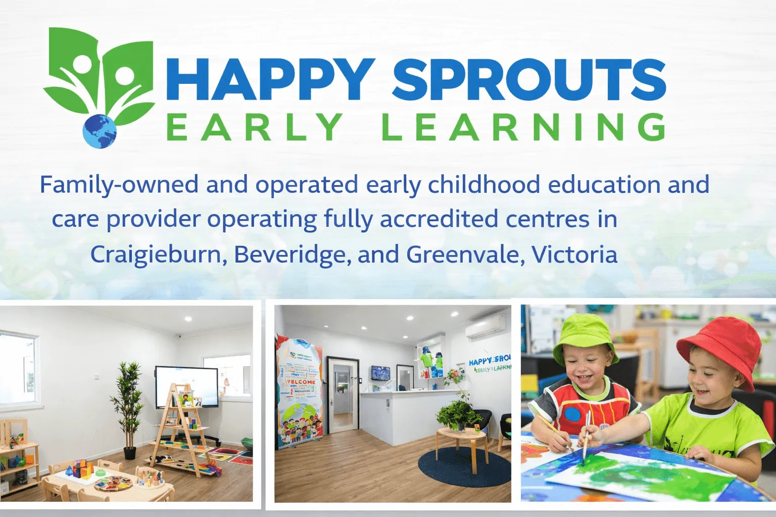 Happy Sprouts — blended visual combining the homepage UI, Google Search Console performance screenshot, and Beveridge / Greenvale location pages as top organic entry points in GSC.
