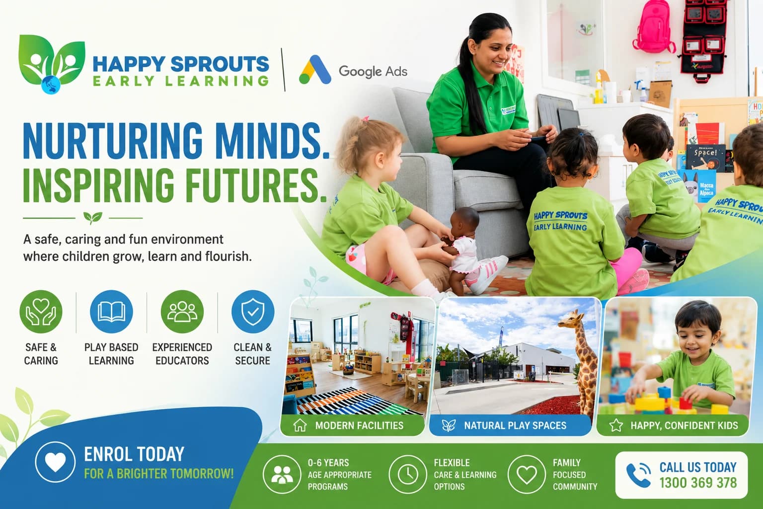 Google Ads campaign performance screenshot for Happy Sprouts Craigieburn — exact budget figures softened for privacy (30-day window, 6 Apr – 5 May 2026).