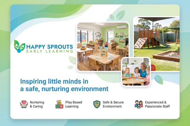 Happy Sprouts Early Learning Beveridge — centre classrooms, outdoor play areas, and values including nurturing care, play-based learning, and a safe environment.