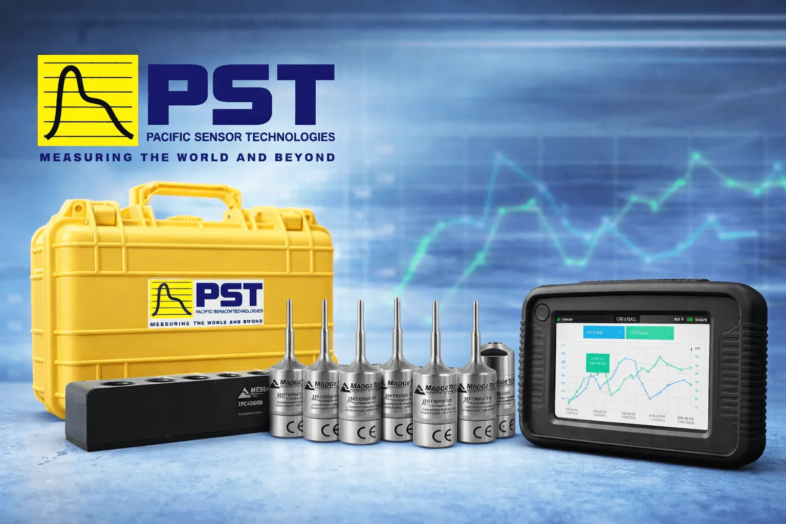 Pacific Sensor Technologies homepage hero "Measuring The World And Beyond" brand mark, Sensors and Analytical Instruments category tiles, Featured Products strip — full-width hero with key metrics bar overlay.